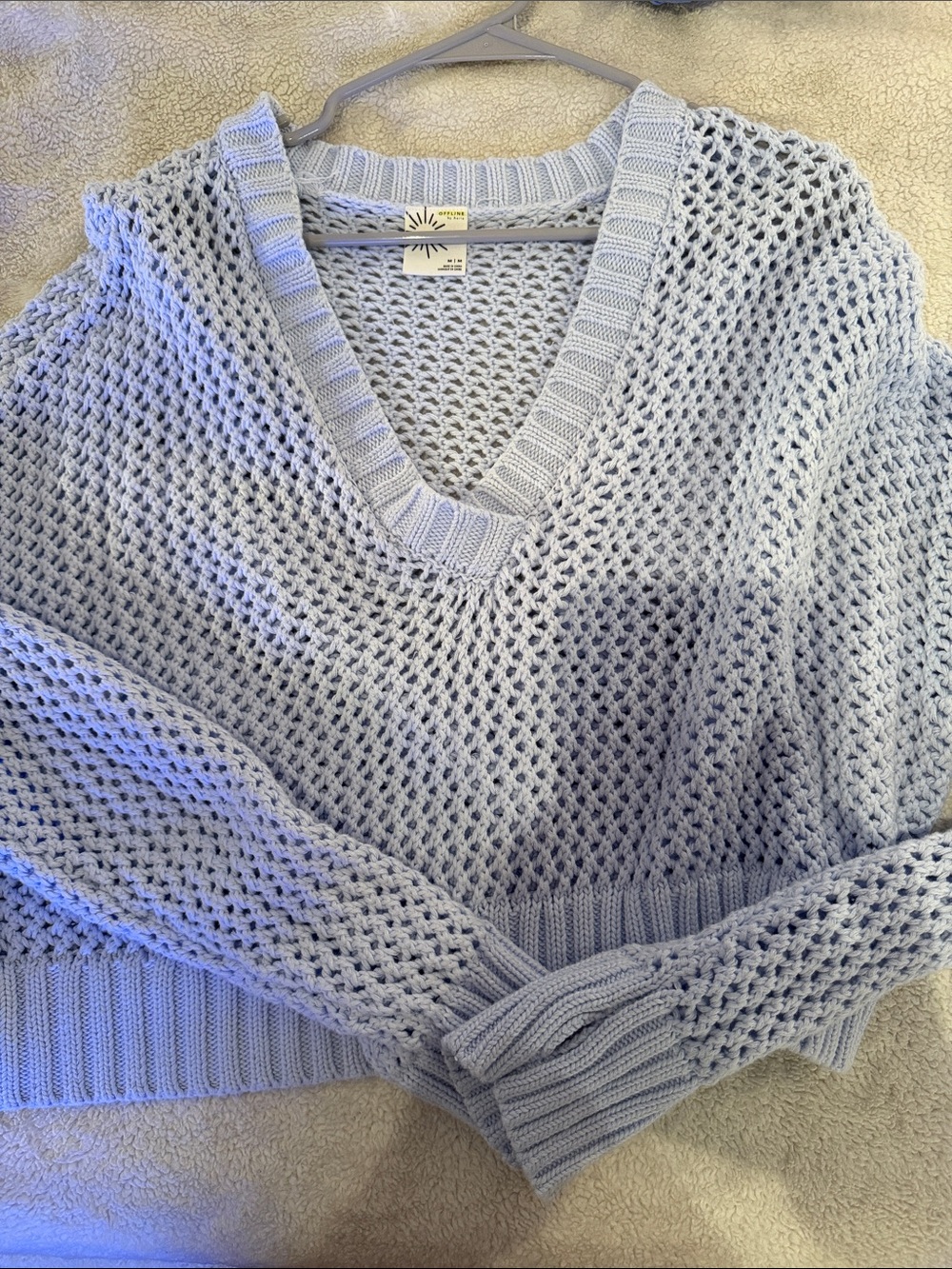 aerie Pastel Blue Open-Knit V-Neck Sweater